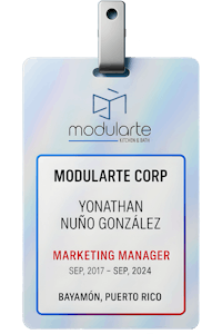 Yonathan Nuño’s badge as marketing manager at Modularte
